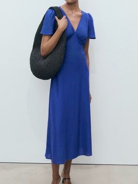 Mango Royal Blue V‑Neck Linen Midi Dress